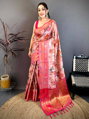 Pastel Pink Paithani Border Kora Tissue Saree