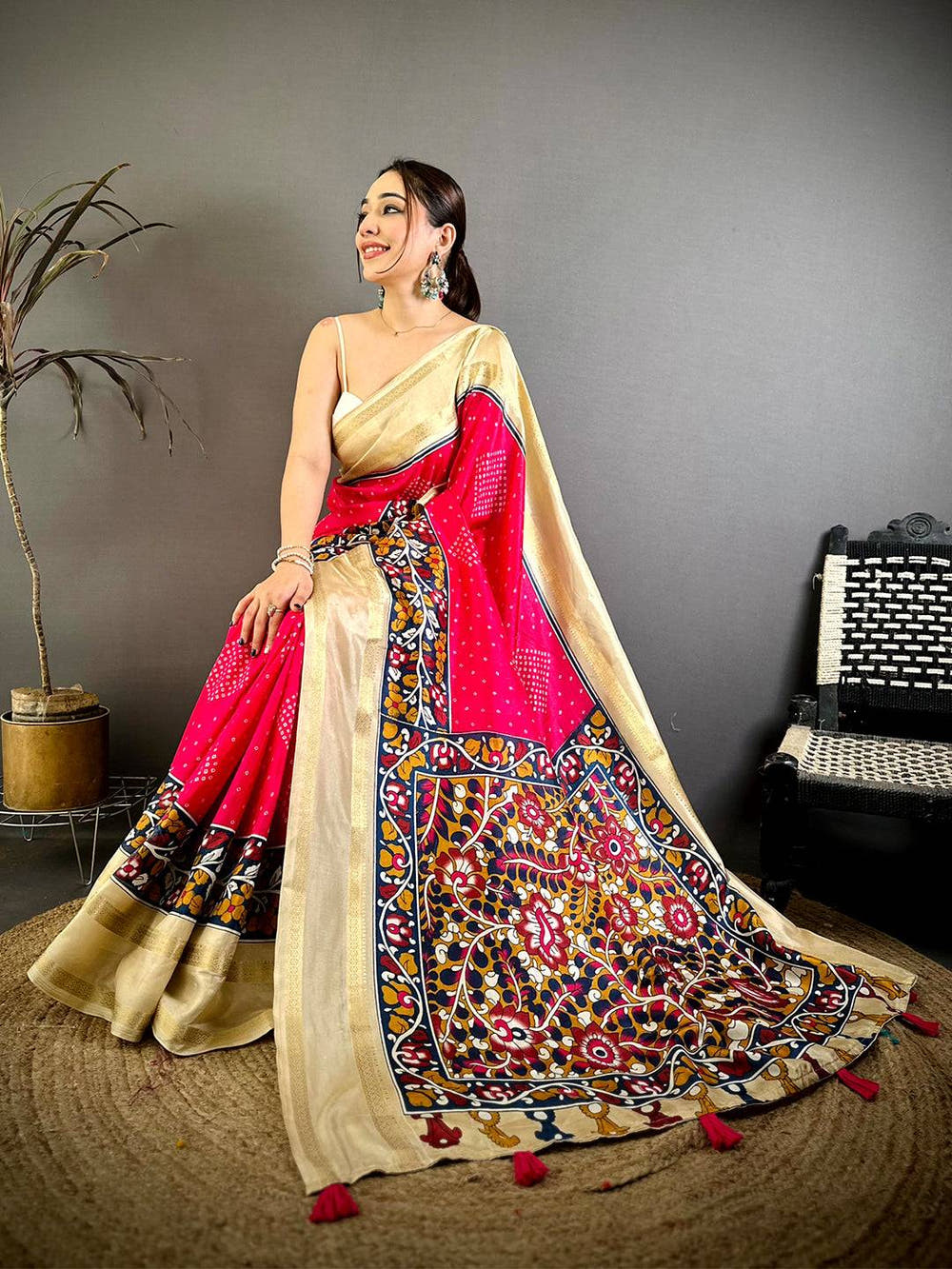 Radiant Bandhej Print Dola Silk Saree