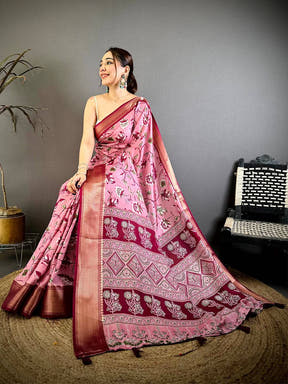 Pink Soft Dola Silk Floral Kanchi Border Saree