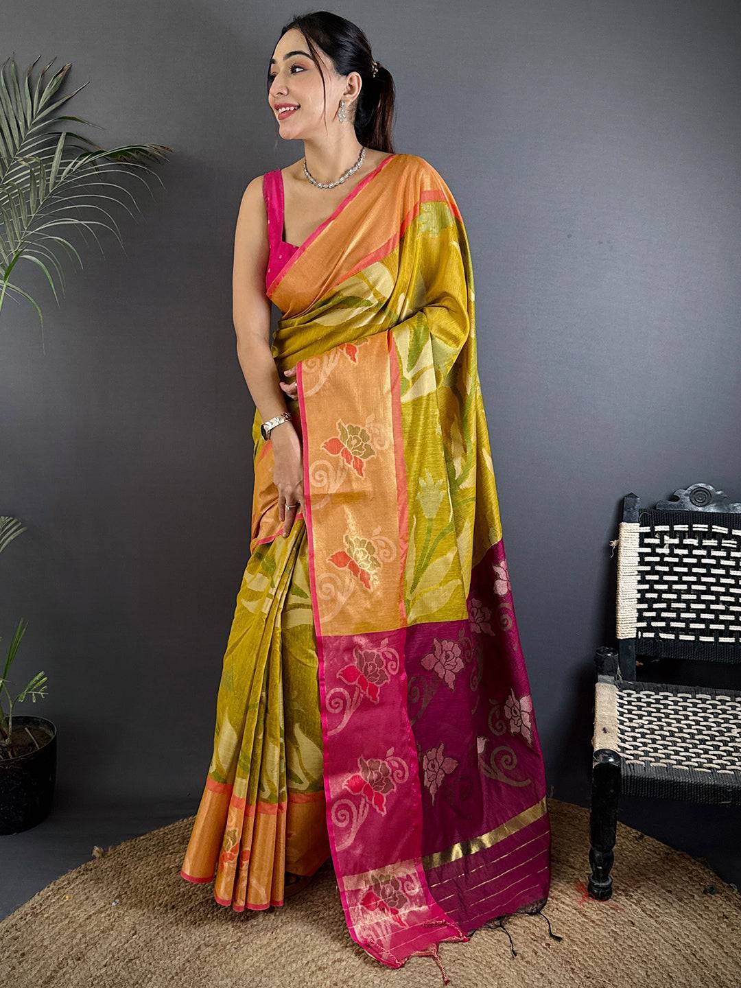 Yellow Soft Chanderi Pochampally Ikkat Saree

