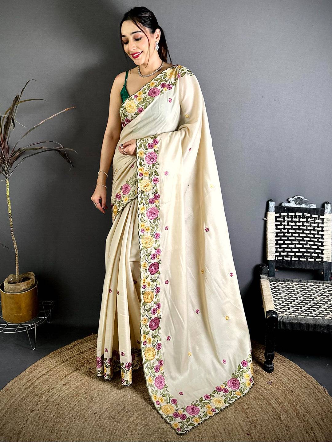 White Embroidered Cutwork Soft Silk Saree