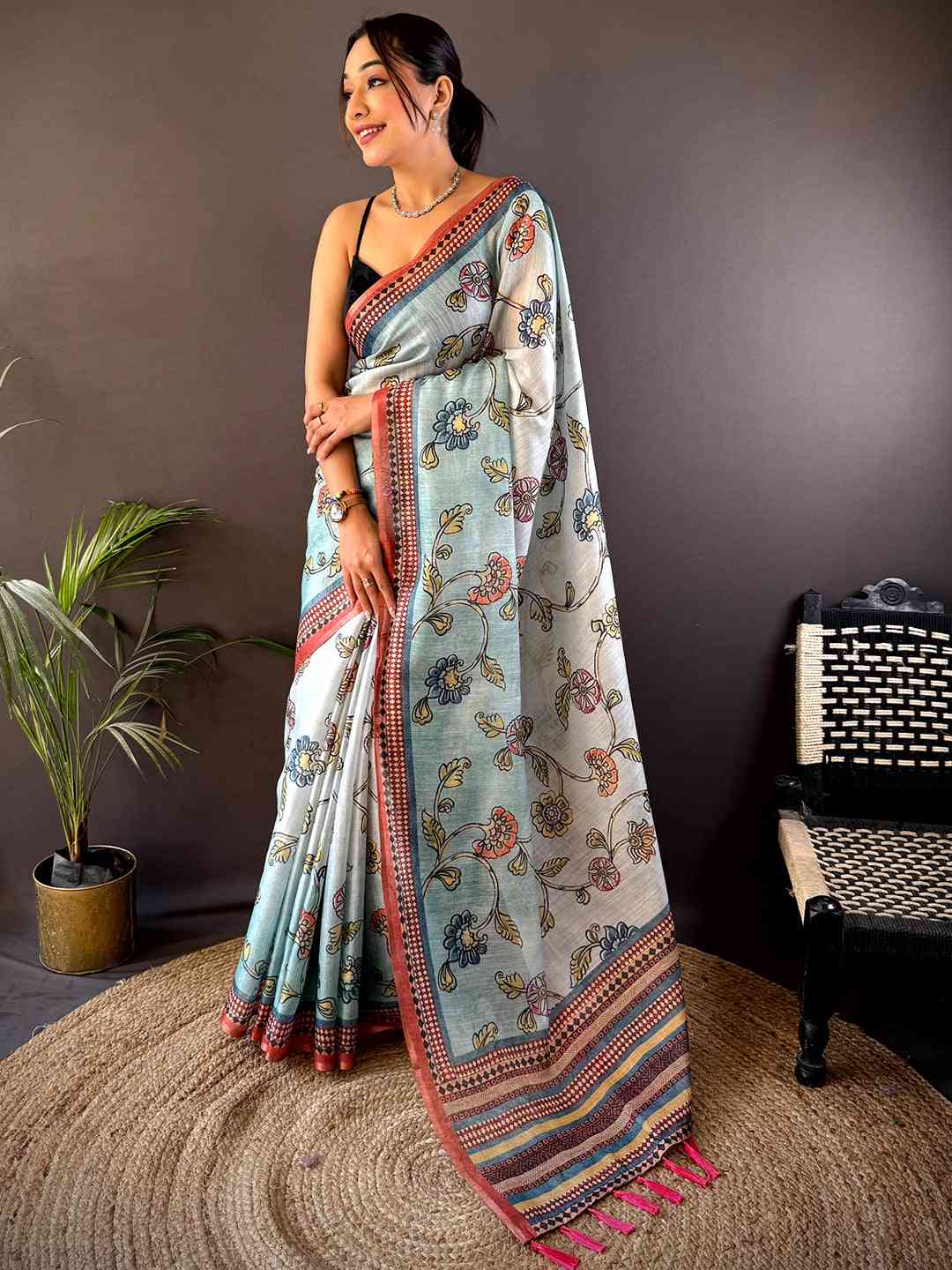 Sky Blue Zari Tussar Floral Saree

