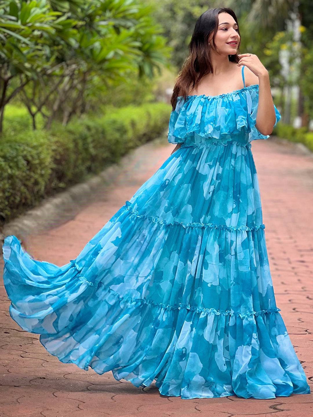 Sky Mist Floral Maxi Dress flowing in garden