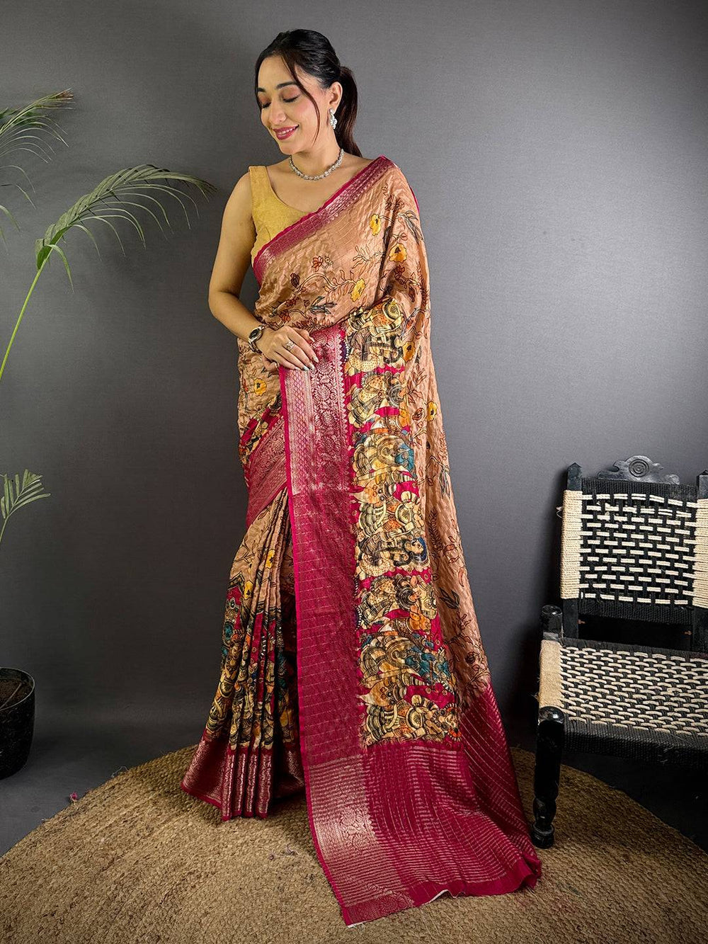 Peach Pure Viscose Kalalmkari Printed Saree