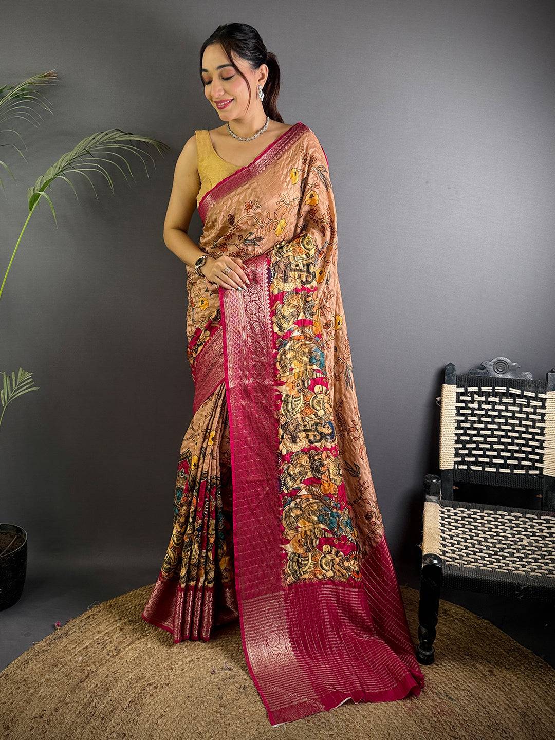 Peach Pure Viscose Kalalmkari Printed Saree