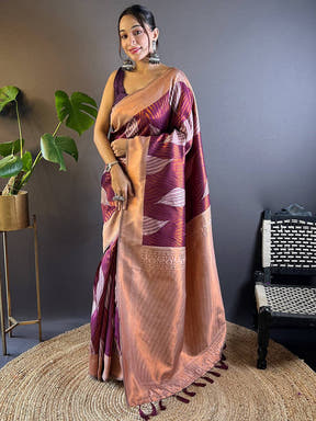 Cherry Tussar Silk Zari Weaving Ikkat Saree

