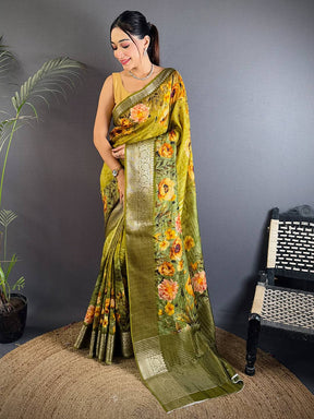 Artistic Olive Green Viscose Floral Saree