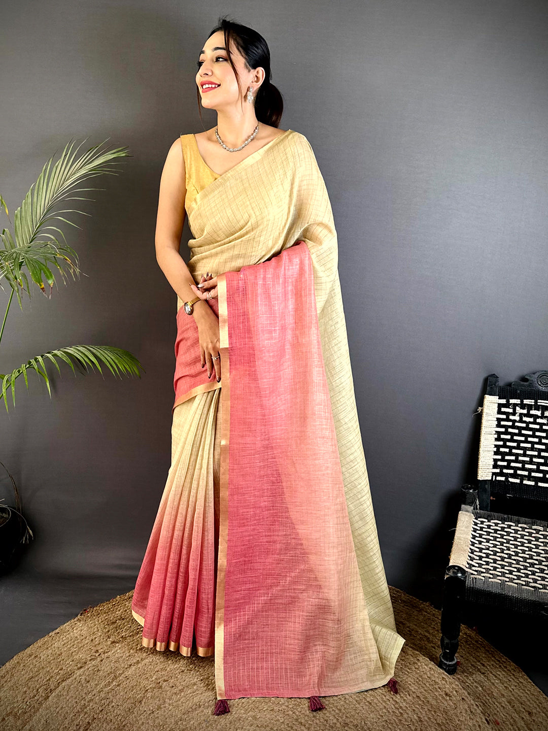 Tradition Linen 90 Zari Check Saree