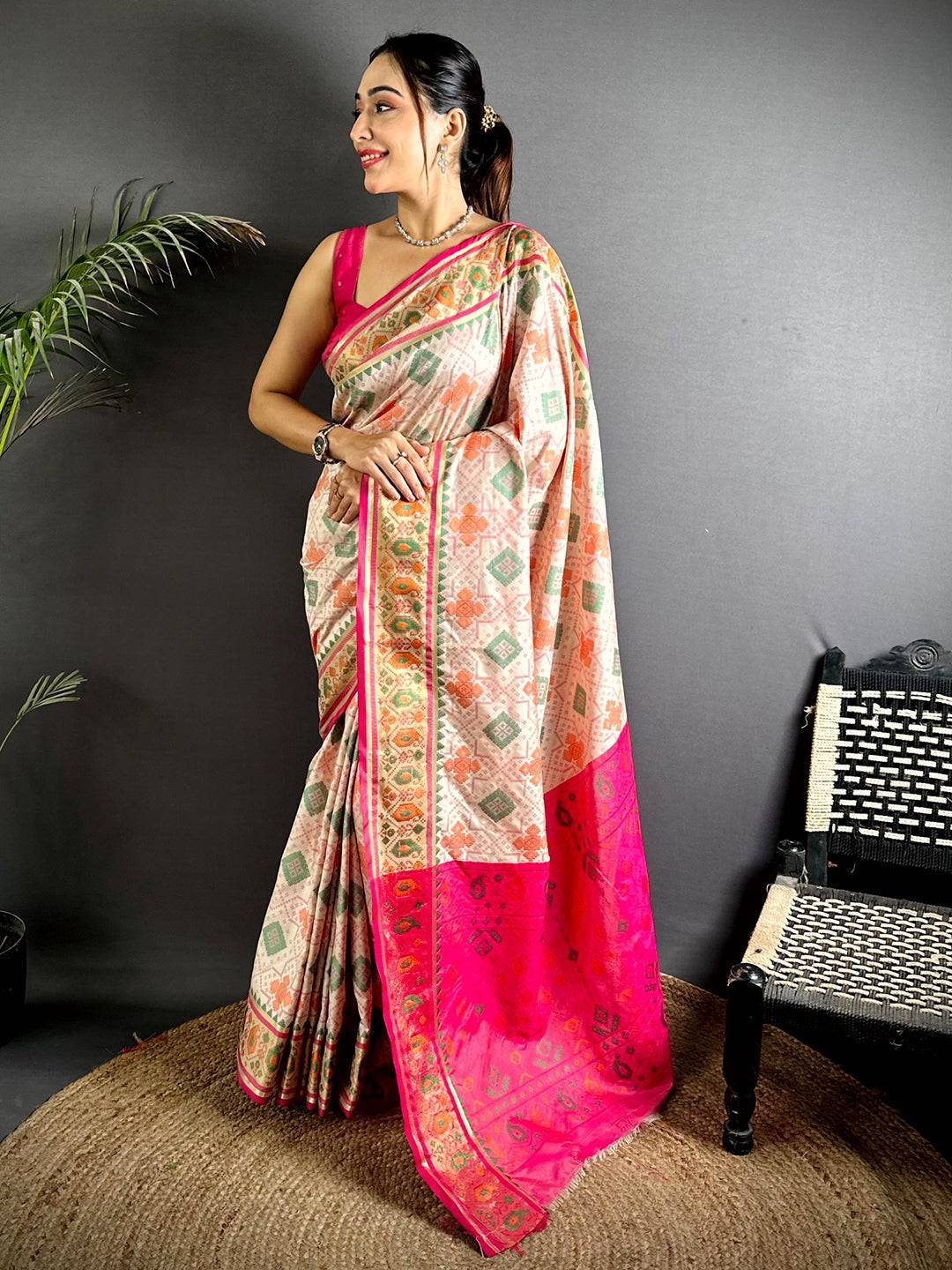 White Soft Silk Saree With Patola Weaving


