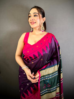 Pink Cotton Katan Bomkai Rich Pallu Saree