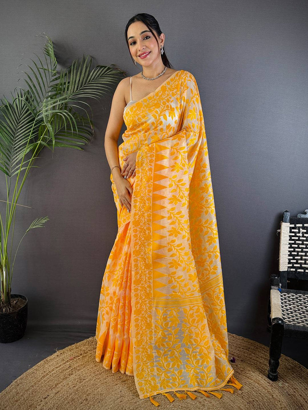 Bright Yellow Soft Cotton Silk Jamdani Saree