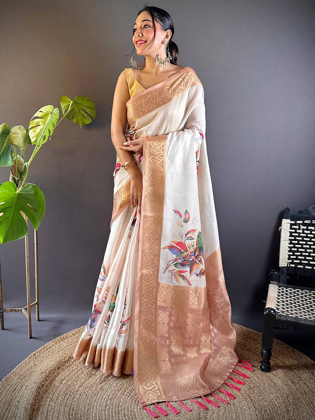White Floral Cotton Rich Pallu Saree