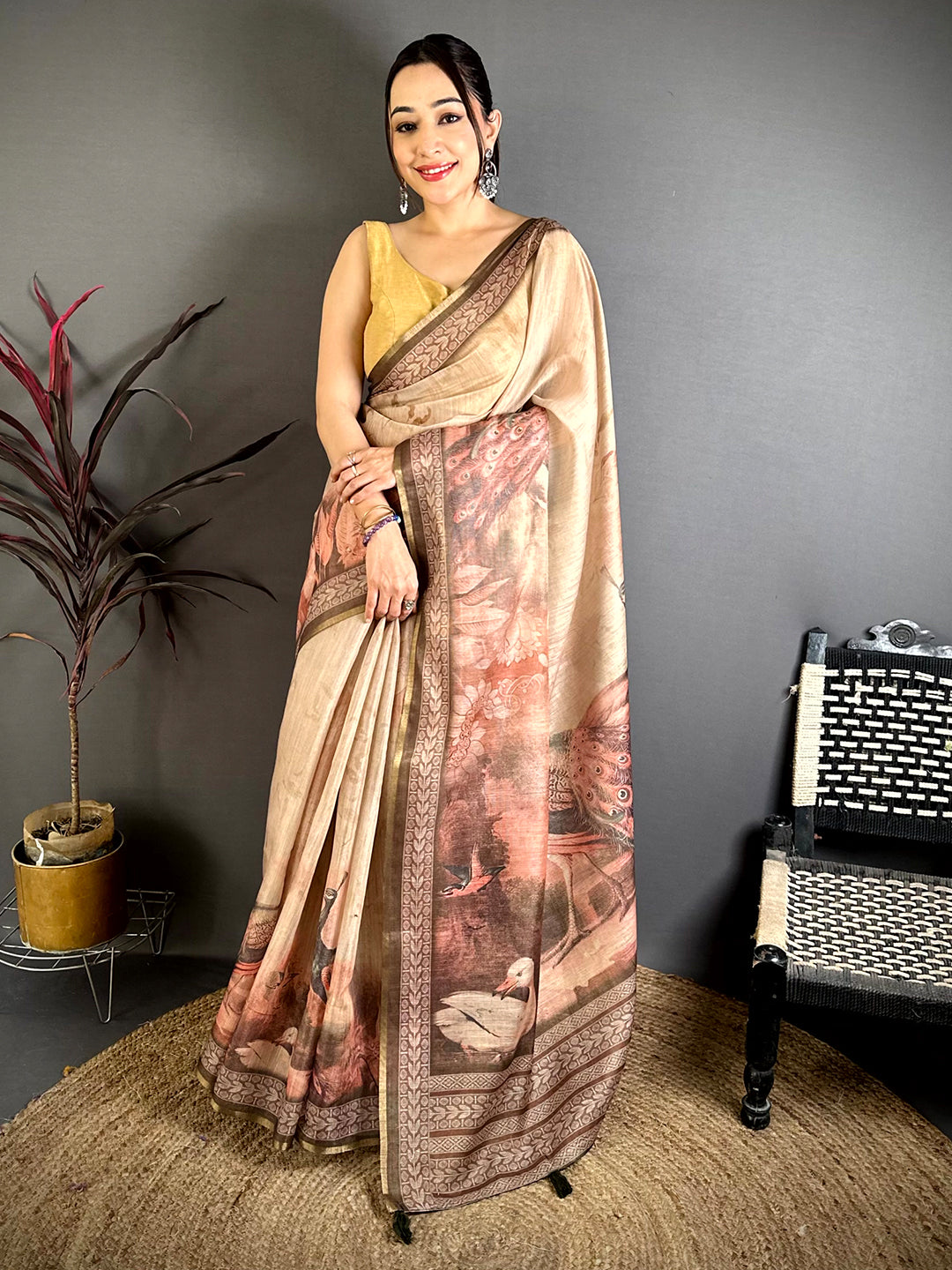Elegant Art Poster Pallu Kalamkari Linen Saree
