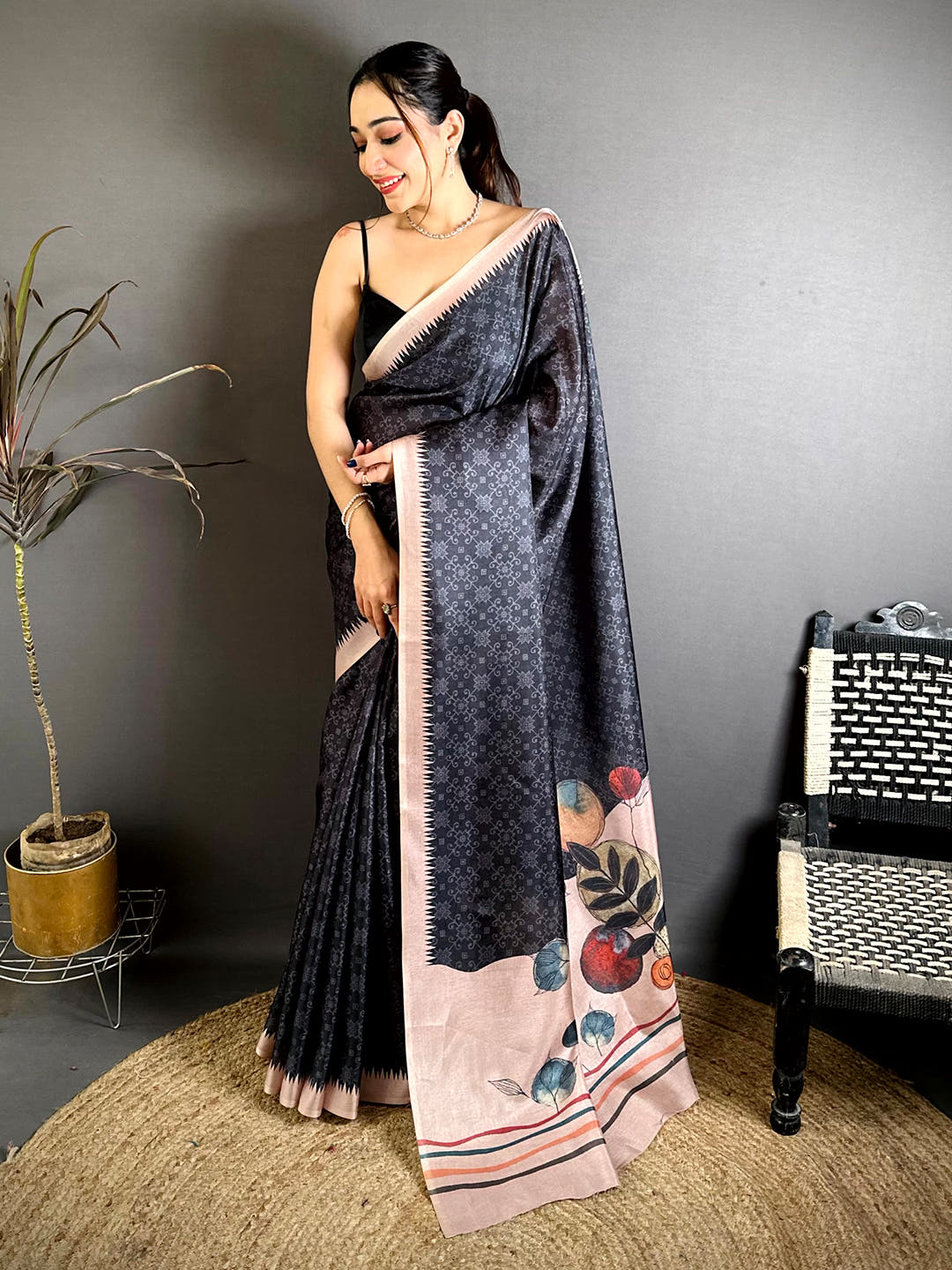 Opulent Geometric Printed Tussar Saree