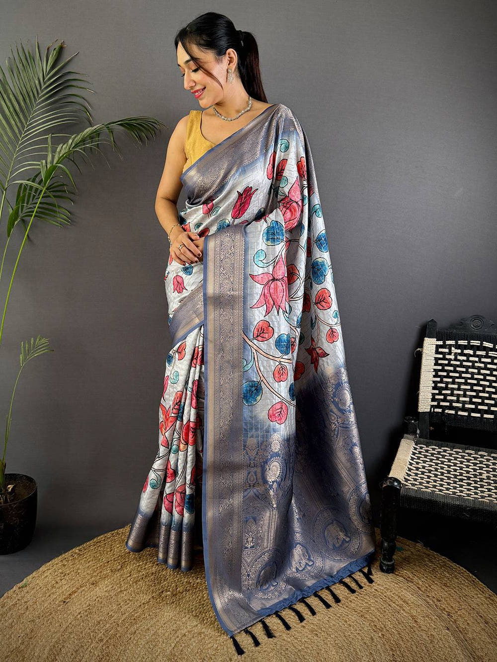 Blue Freehand Design Gadwal Saree
