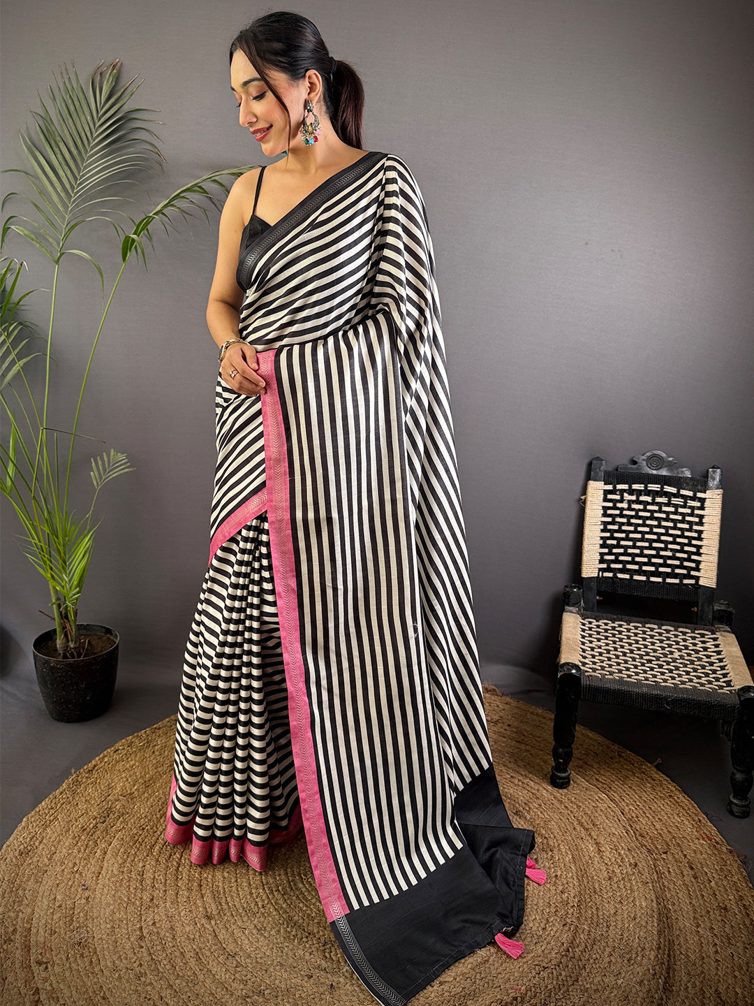 Tussar Ghicha Silk Striped Printed Saree
