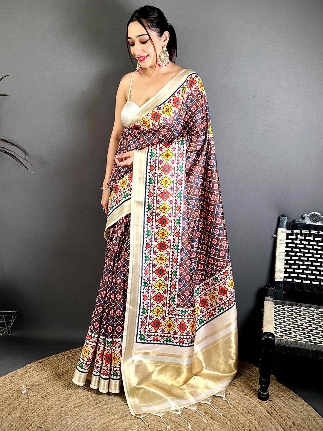 Maroon Ethnic Digital Ikkat Kanchi Saree