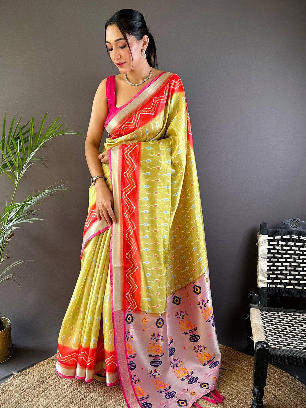 Pastel Yellow Ikkat Paithani Soft Silk Saree