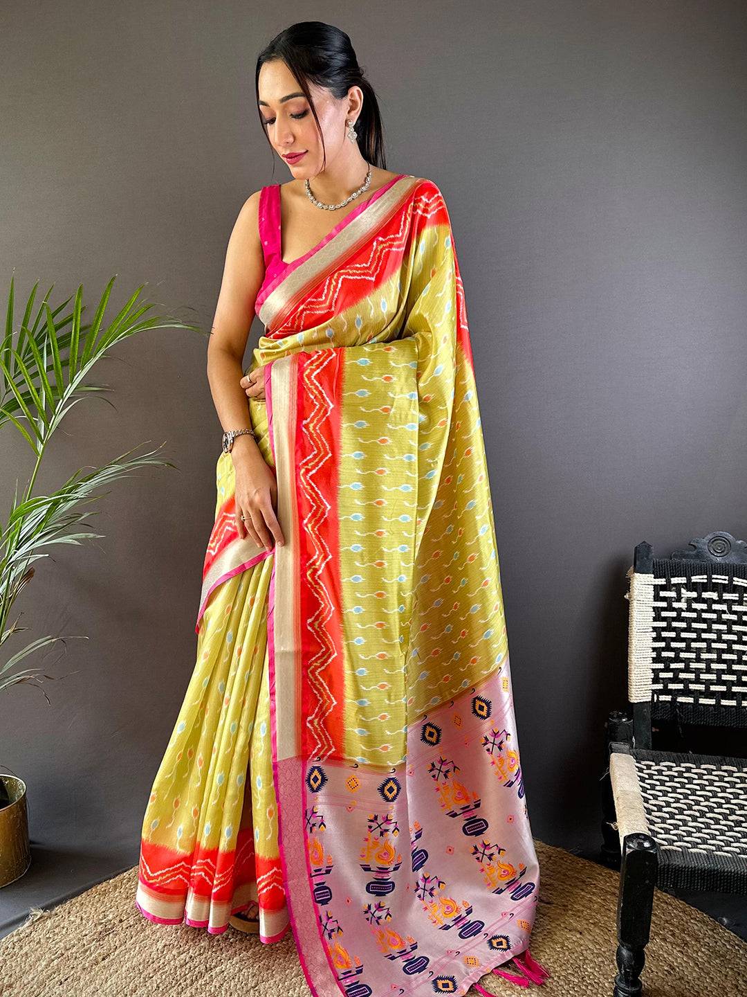 Pastel Yellow Ikkat Paithani Soft Silk Saree