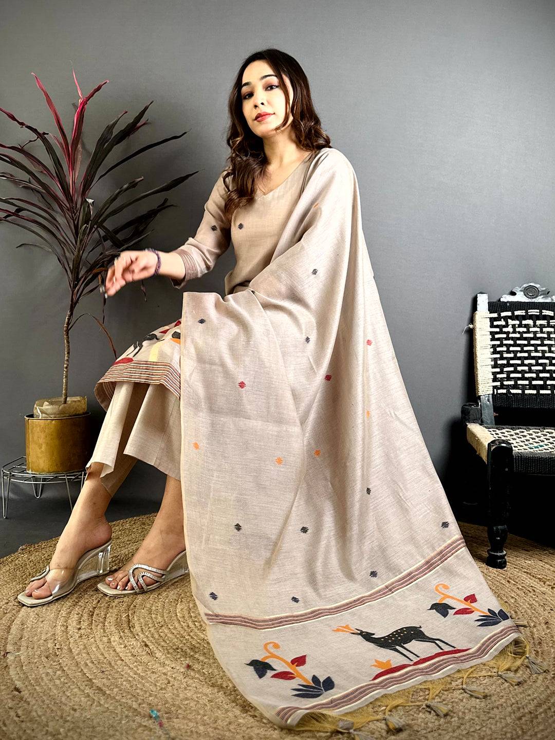 Royal Beige Floral Fusion Dress


