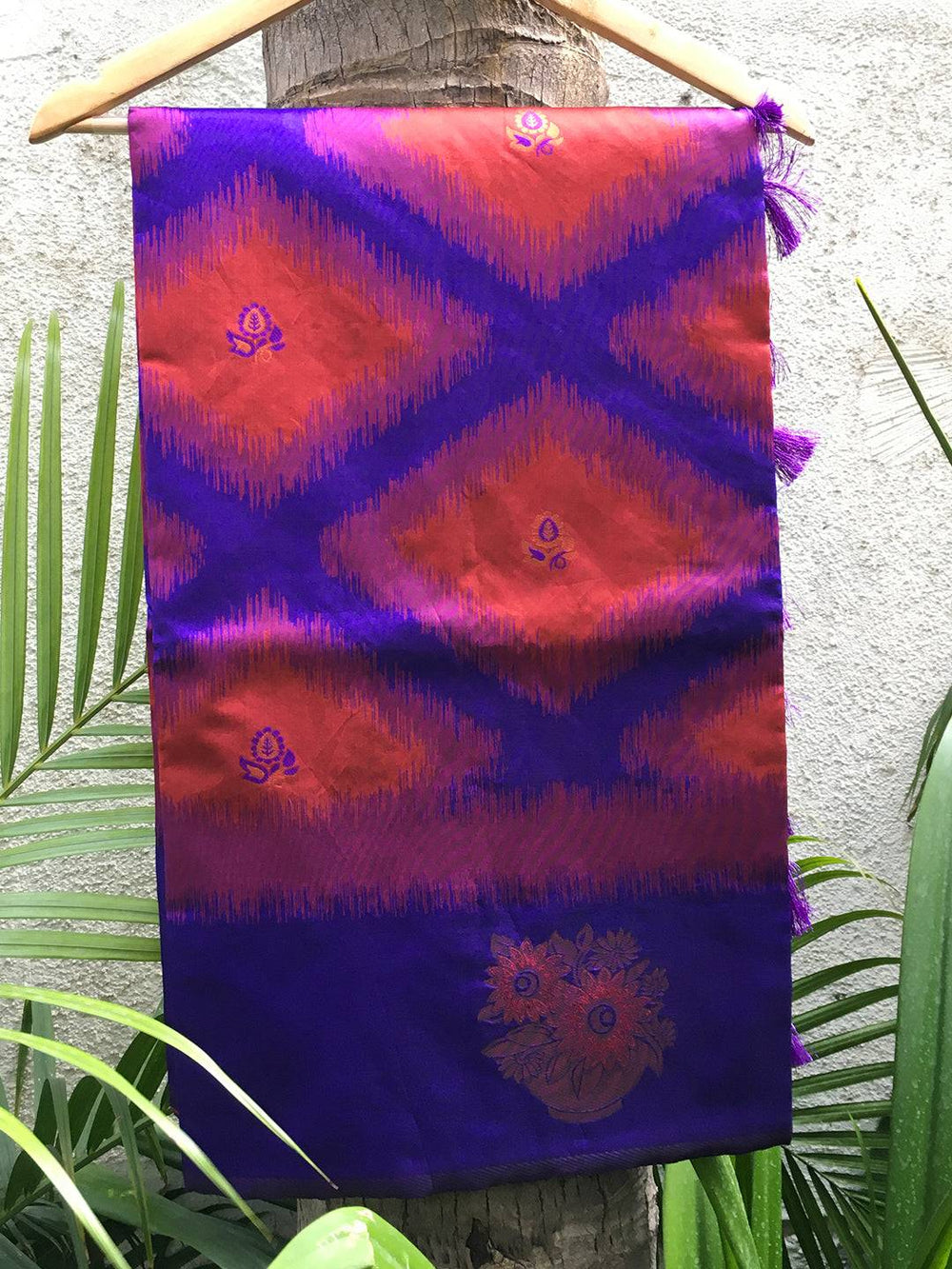 Close-up of Rose Red Tussar Silk Ikkat Weaving Saree fabric