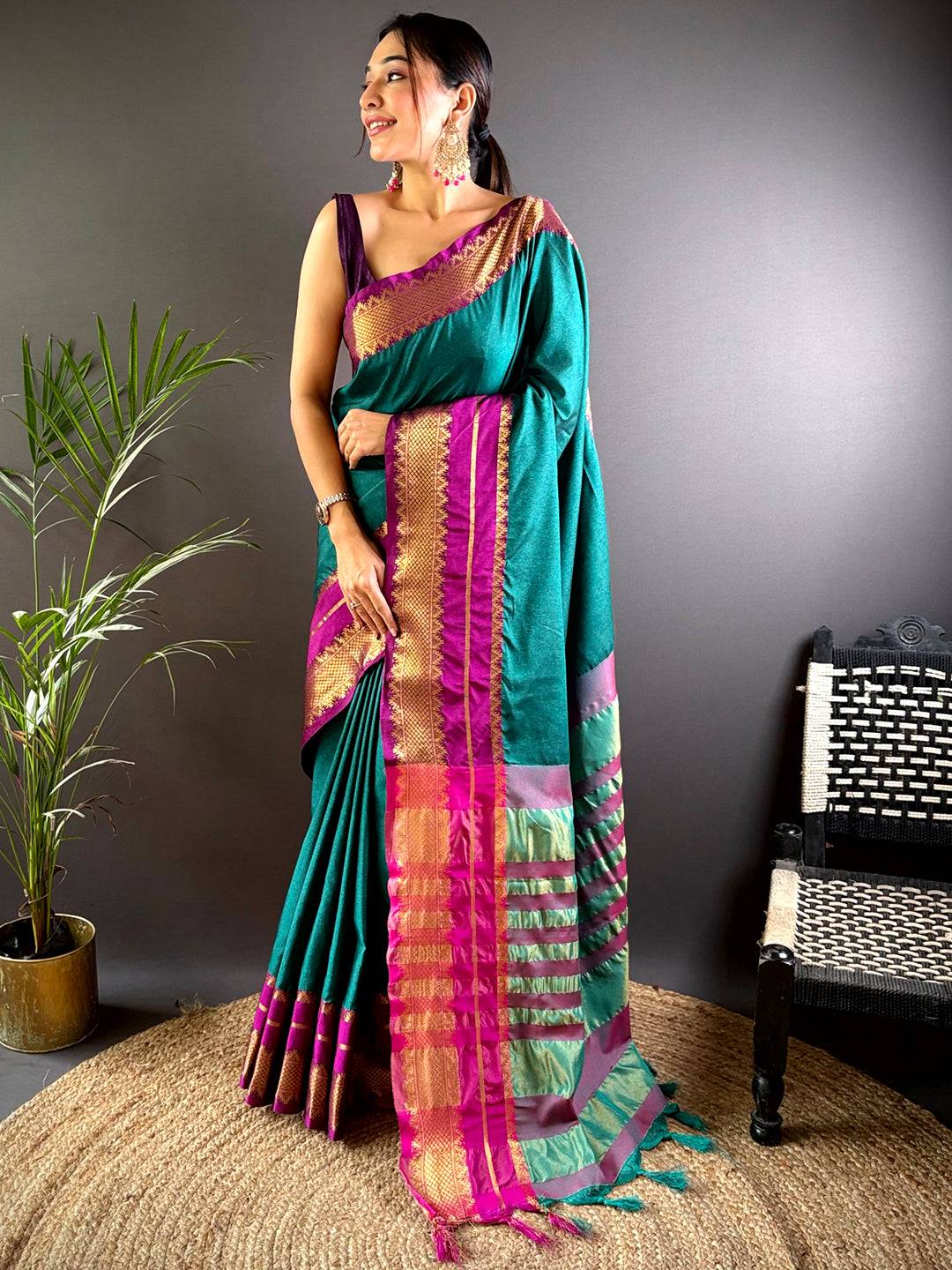 Gold Zari Magenta Accent Saree