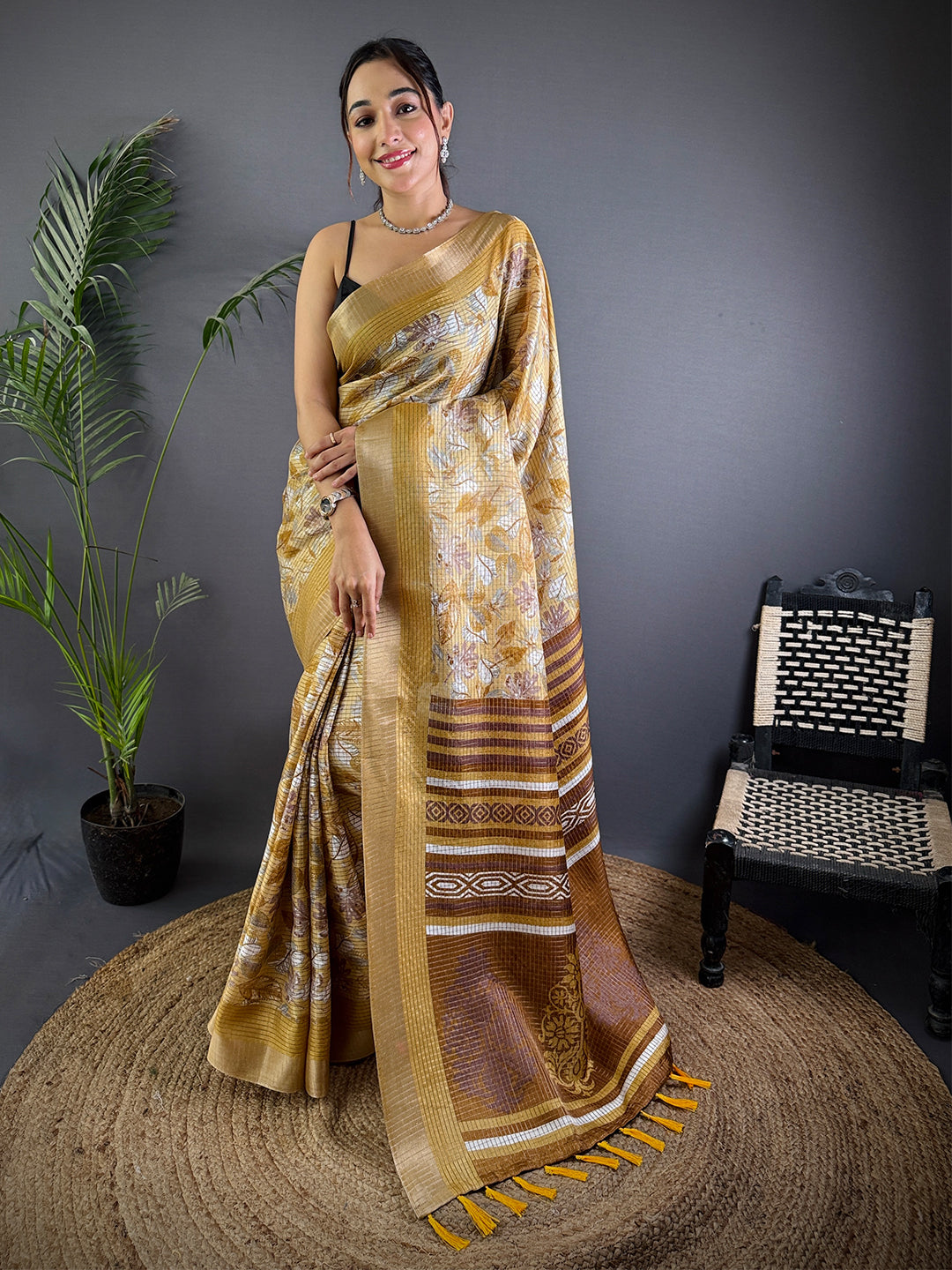Mustard Tussar Chex Floral Print Saree