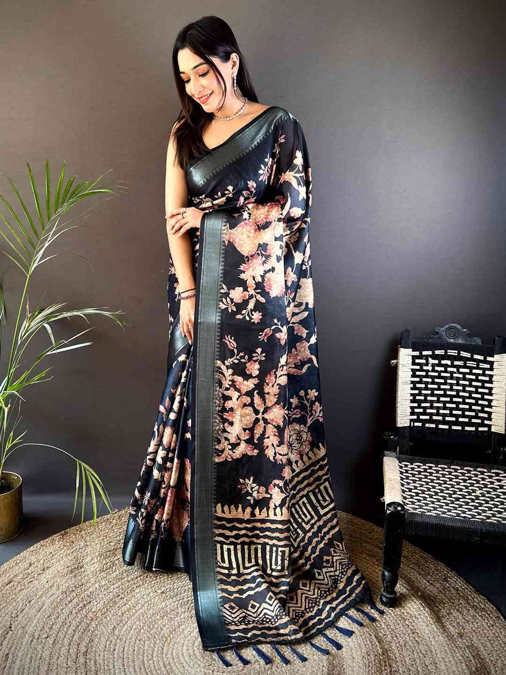Black Kota Doriya Zari Weave Digital Print Saree