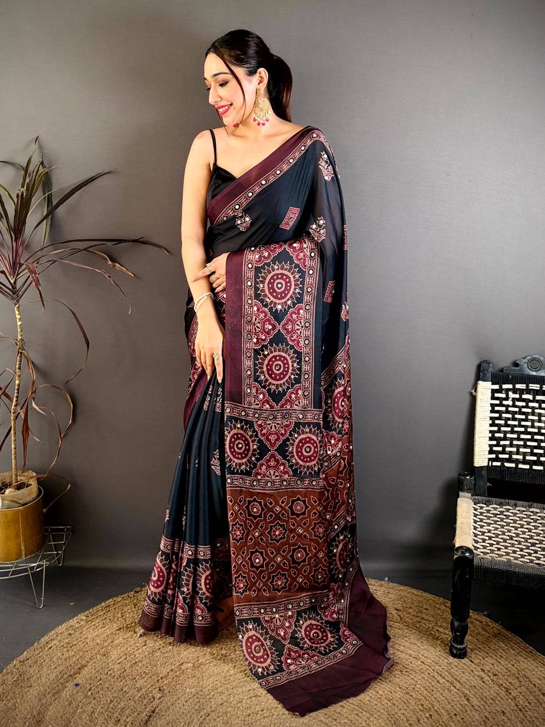 Stylish Ajrakh Print Mirror Work Saree