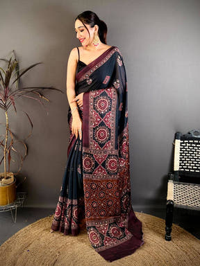 Stylish Ajrakh Print Mirror Work Saree