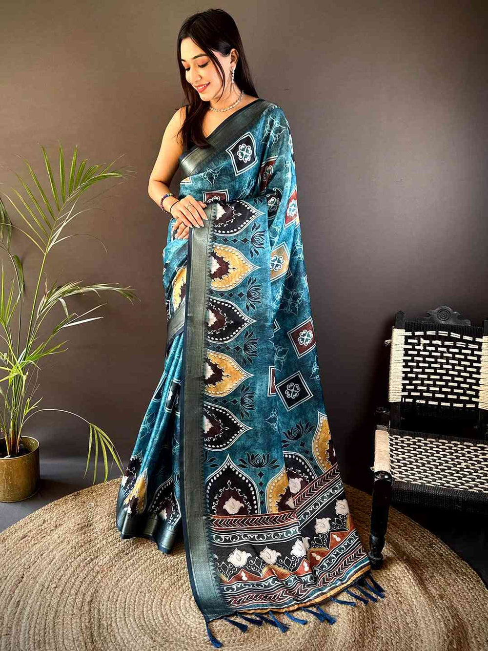 Teal Kota Doriya Zari Weave Digital Print Saree