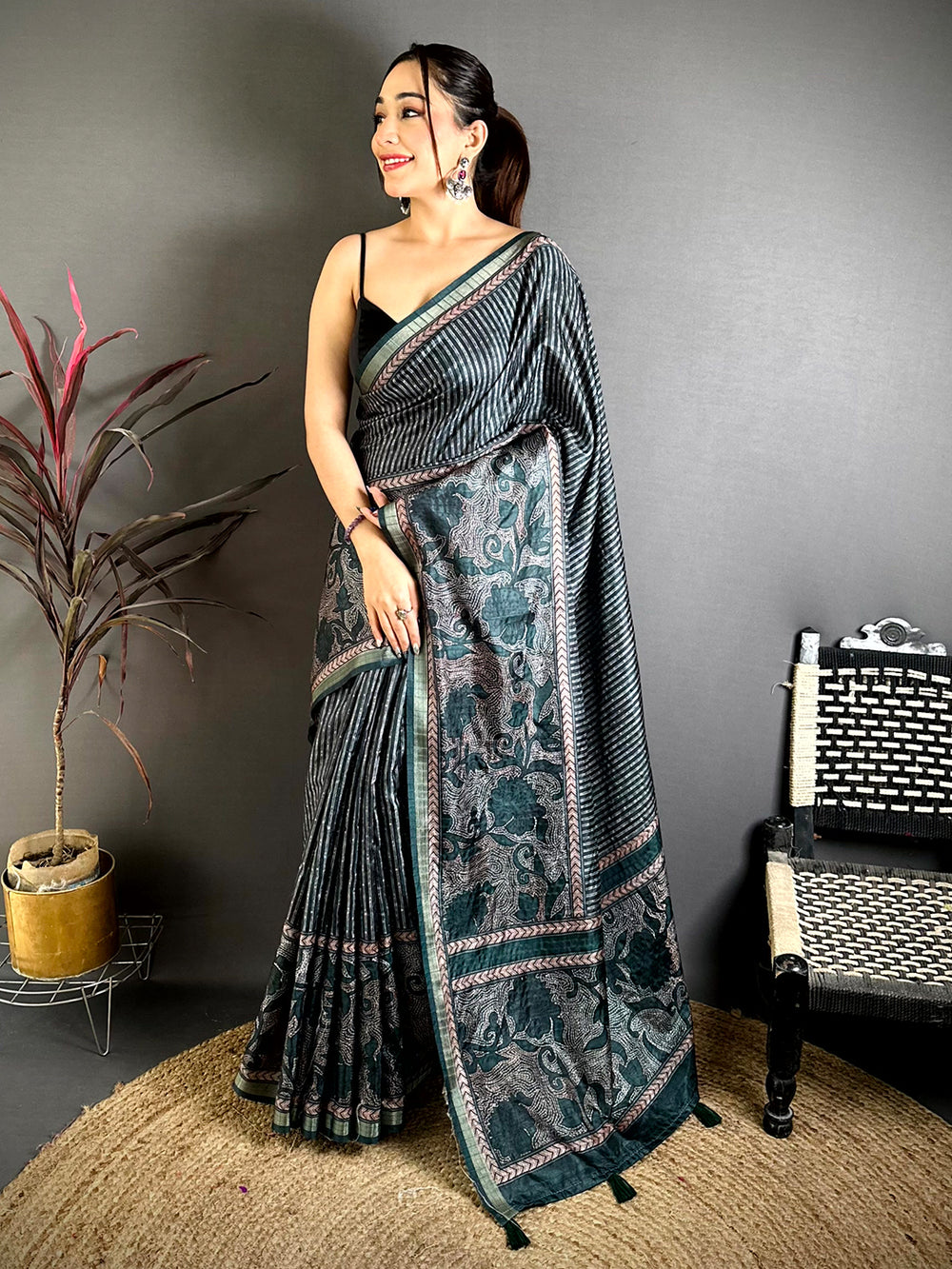 Bottle Green Digital Katha Work Saree