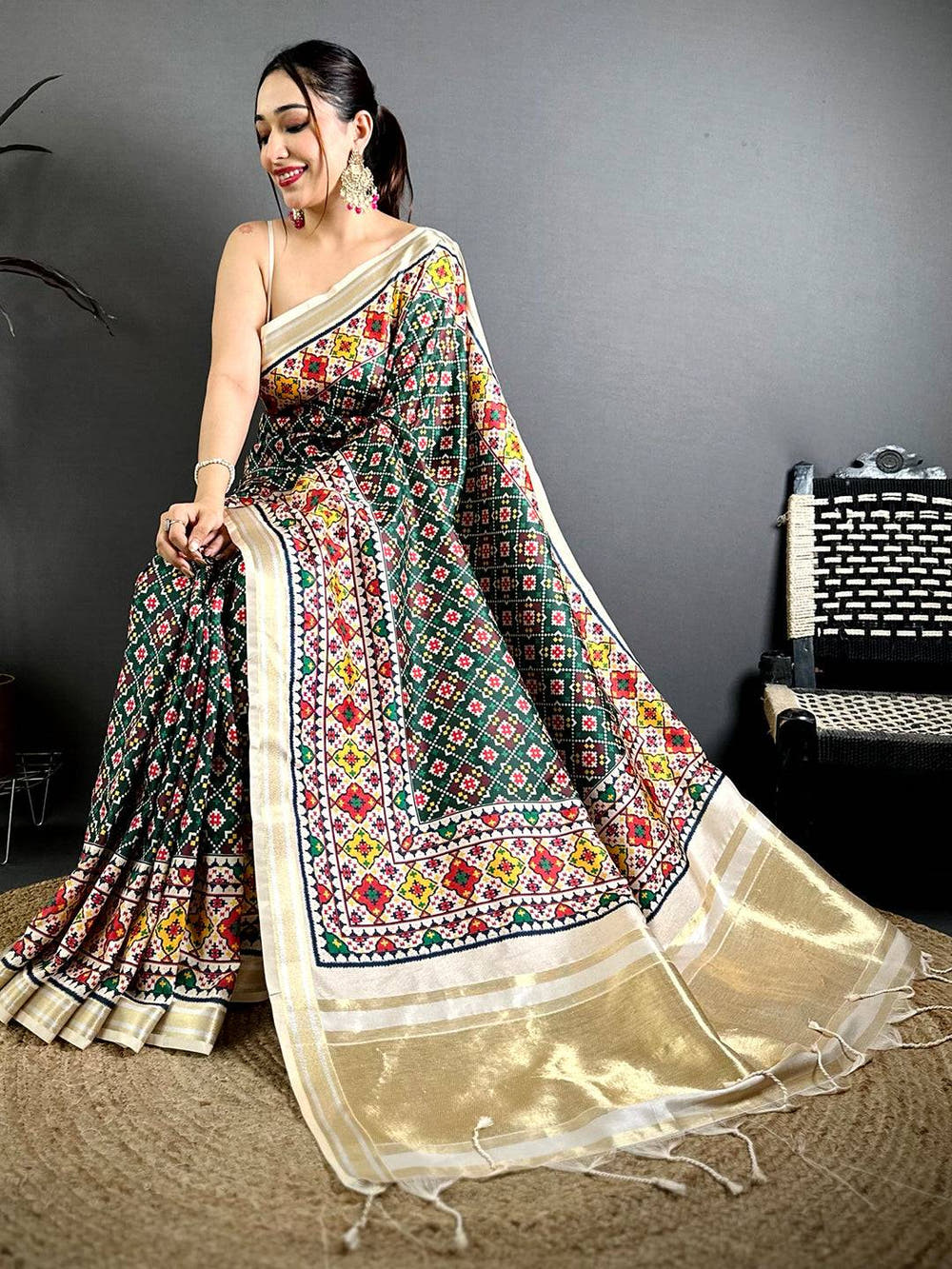 Green Ethnic Digital Ikkat Kanchi Saree