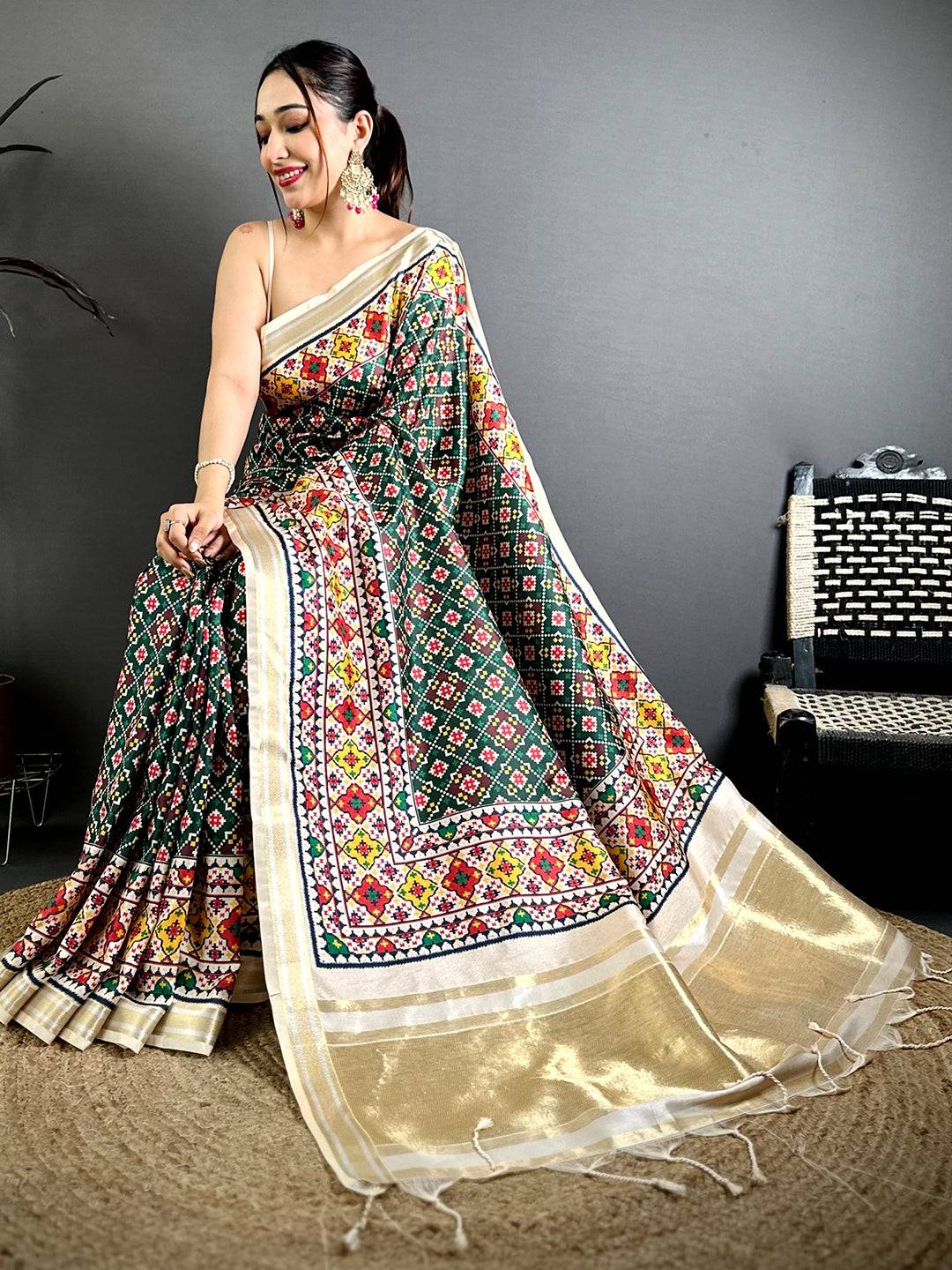 Green Ethnic Digital Ikkat Kanchi Saree