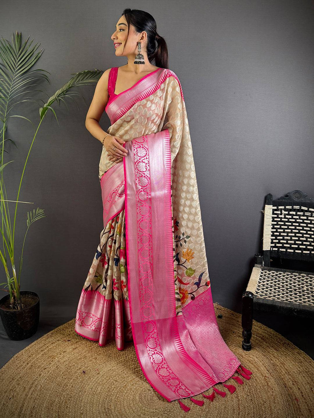 Elegant Cream Kora Tissue Saree