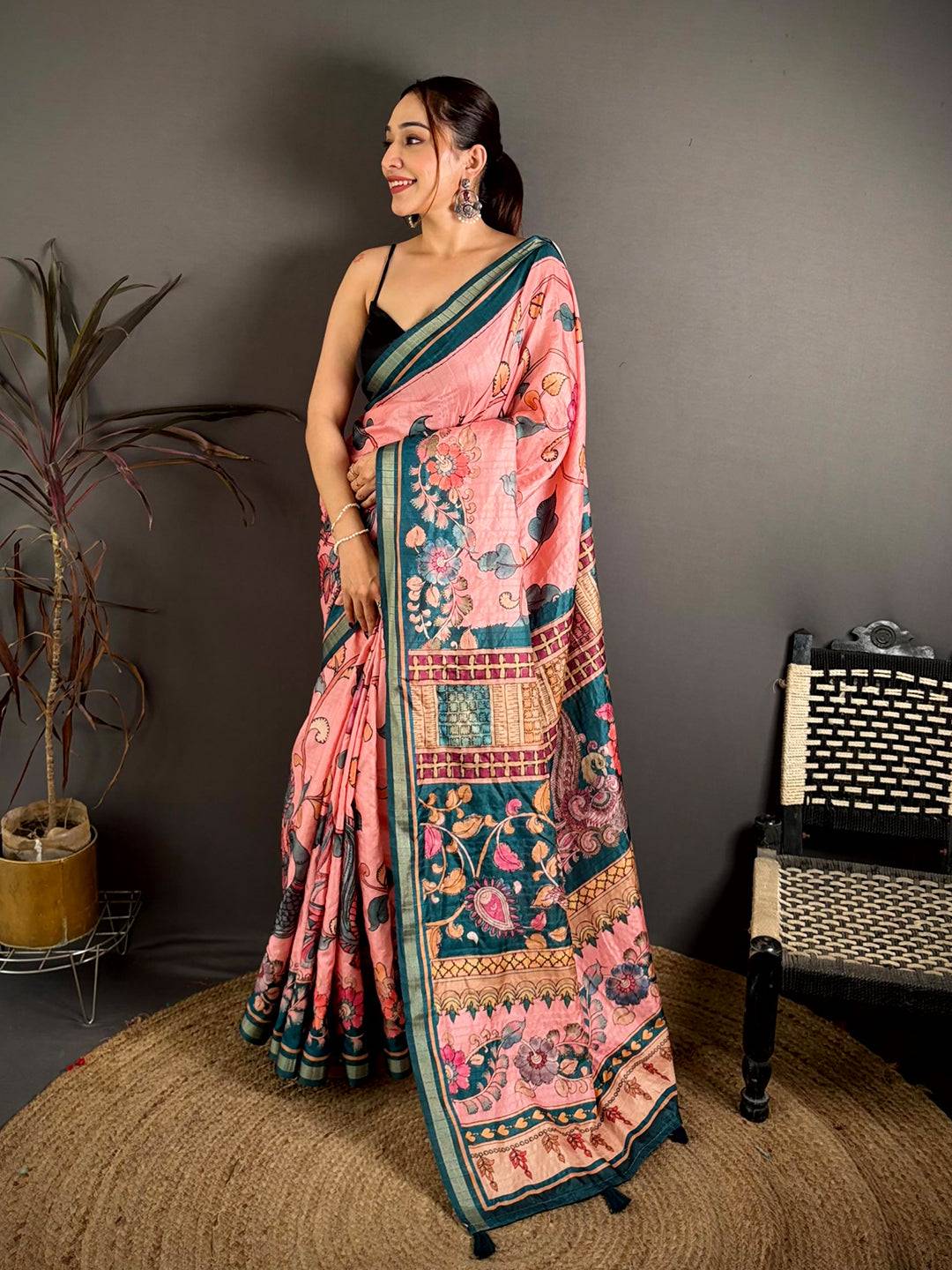 Vibrant Bright Pen Kalamkari Tussar Saree