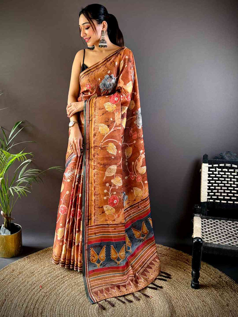 Copper Brown Tissue Chanderi Kalamkari Saree