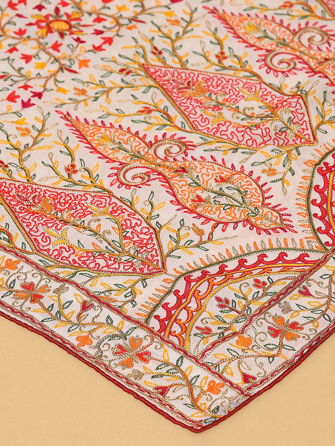Close-up of detailed threadwork on poly chiffon pashmina dupatta.