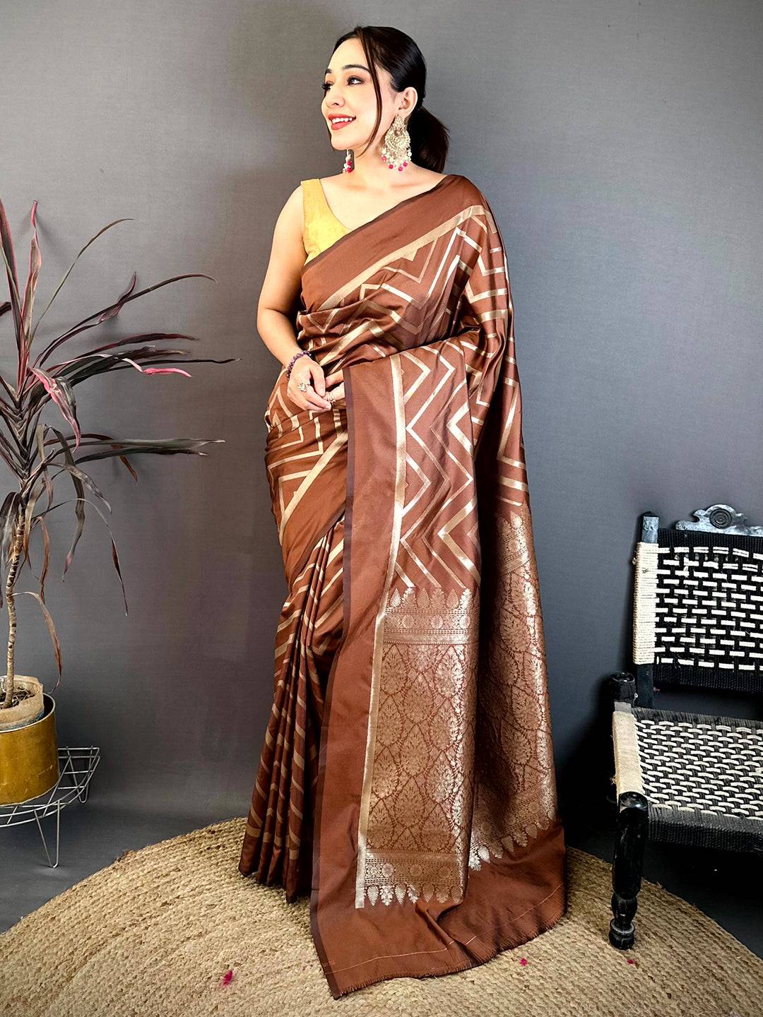 Brown Geometric Zari Weave Banarasi Saree
