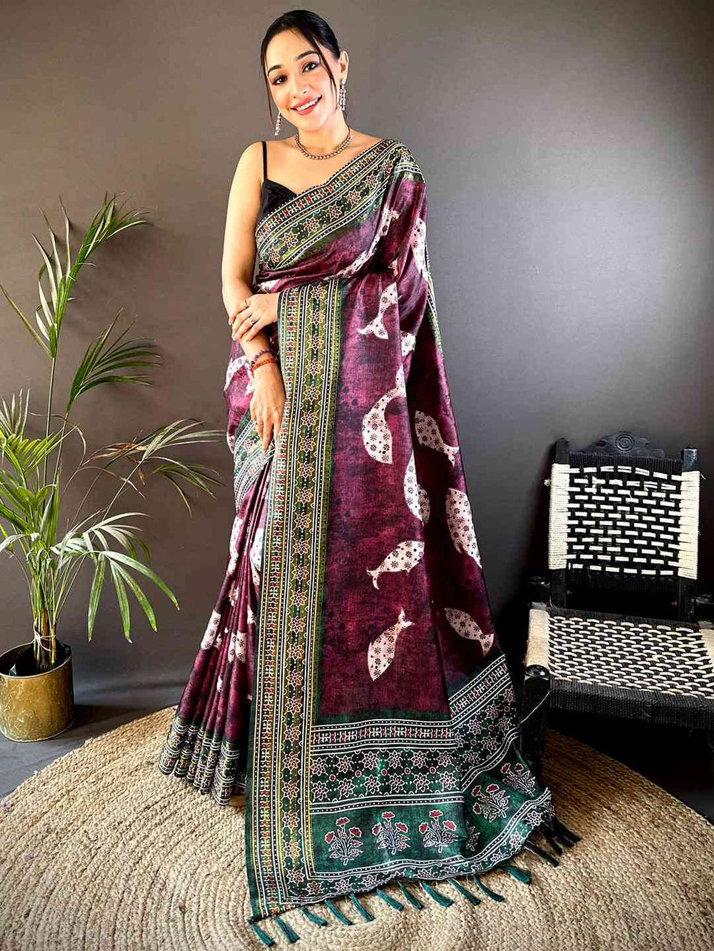 Dark Wine Soft Silk Fish Kalamkari Saree