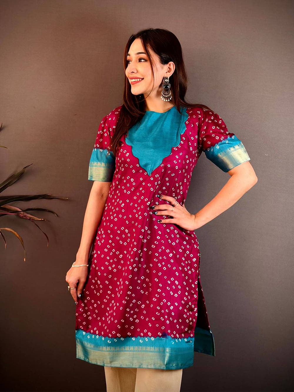 Elegant Round Neck Dola Silk Kurti