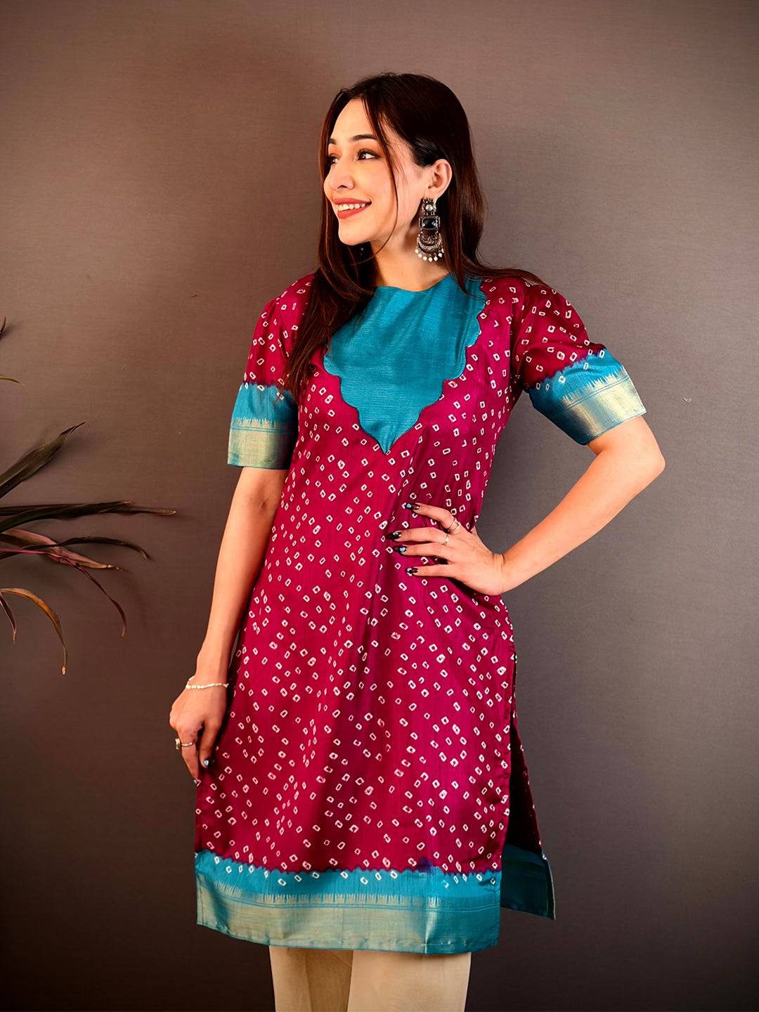 Elegant Round Neck Dola Silk Kurti