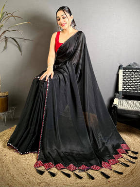 Black Vichitra Real Mirror Work Tassel Saree