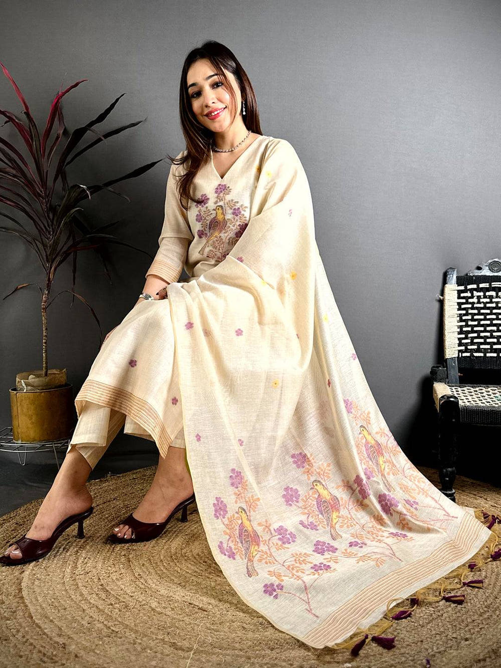 Cream Grace Woven Floral Dress

