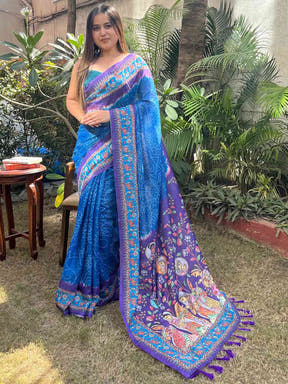Elegant Royal Blue Saree with Bandhej and Kalamkari Design