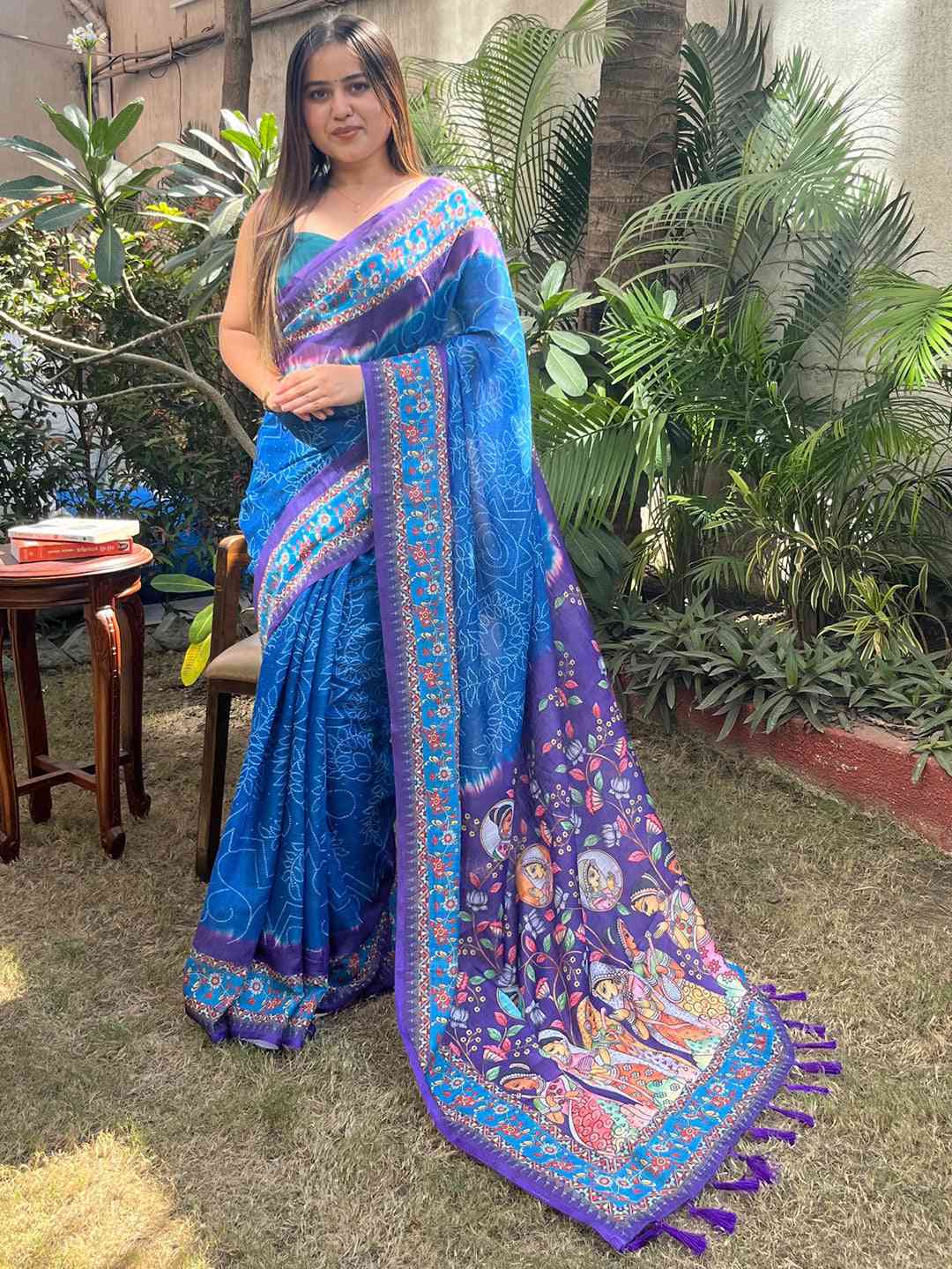 Elegant Royal Blue Saree with Bandhej and Kalamkari Design