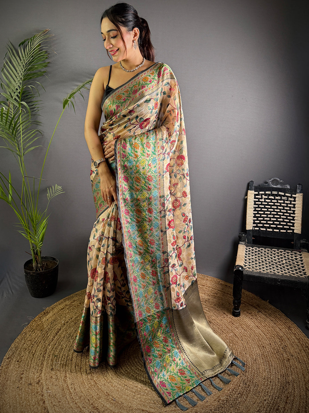 Beige Kalamkari Printed Kora Tissue Saree