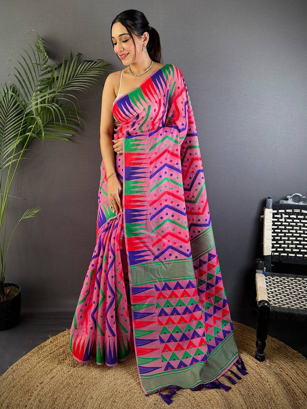 Bright Pink Dhakai Cotton Jamdani Saree