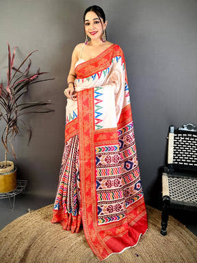 Ivory Tanjore Ikkar Digital Tussar Saree