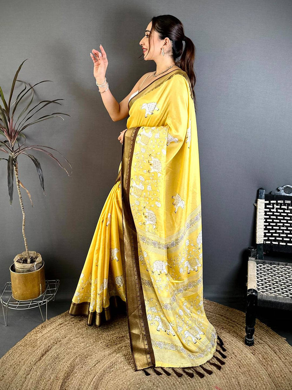 Mustard Soft Dola Block Kalamkari Zari Saree